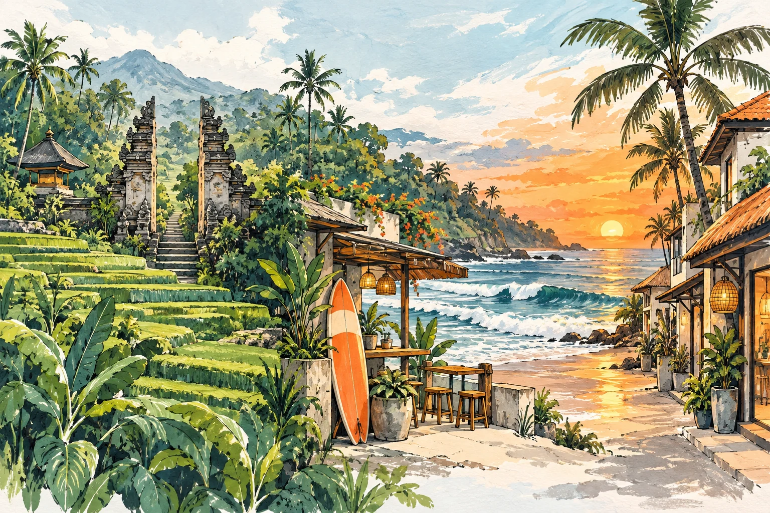 Illustrated rice terraces, surf café and sunset coast representing three Bali holiday styles